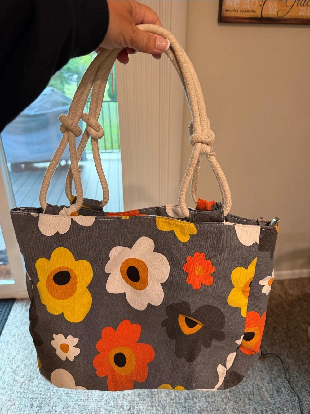 Floral Canvas Tote Bag in Charcoal with Yellow & Orange Accents